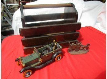 Wooden Magazine Rack & Antique Wood Car And Cast Iron Stage Coach
