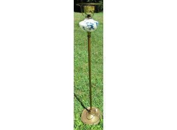 Brass Floor Lamp With Painted Floral Glass Detail