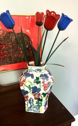 Asian Vase With Metal Flowers That Hold Tea Lights