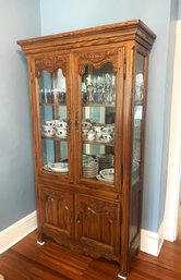 Vintage Oak China Hutch With Inlaid Glass Doors