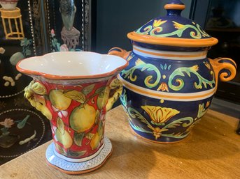 Vintage Mezzana Large Cookie Jar With Lid, Mango Tabletop Vase, Two Floral Coffee Mugs
