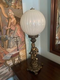 1950's Banquet Parlor Cherub Table Lamp With Irridescent Milk Glass Globe