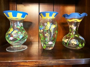 Set Of (3) Hand Painted Glass Vases - Butterflies And Dragonflies Design