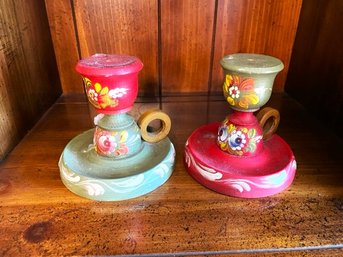 Pair Of Handpainted Clay Candle Stands