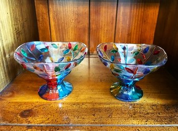 Pair Of Multi-colored Footed Bowls 4' Tall