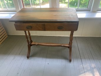 Parquet Round Table And Antique Wood Desk