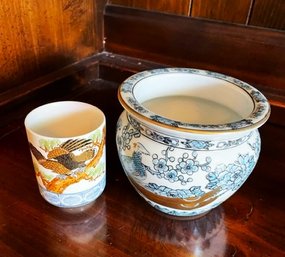 Vintage Asian Flower Pot And Cup With Gold Accents