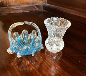 Cut Glass Flower Vase And Blue Crystal Glass Basket
