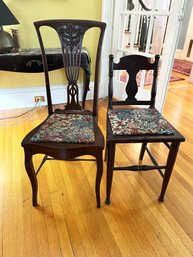 Two Small Side Chairs With Tapestry Seats, Ornate Woodwork Design