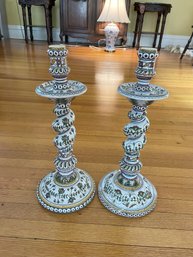 Pair Of Tall Painted Candlesticks From Portugal