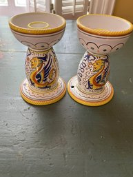 Pair Of Handpainted Italian Candlesticks With Rooster Design -Made In  Deruta, Italy
