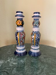 Pair Of Hand Painted Candlesticks 11' Tall Glazed Terracotta