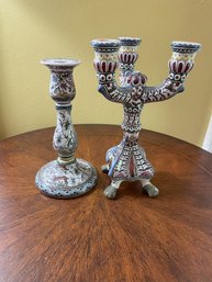Handpainted Candelabra & Matching Candlestick Made In Portugal