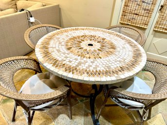 Pier I  Mosaic Tile Round Outdoor Table And Four Rattan Bucket Chairs