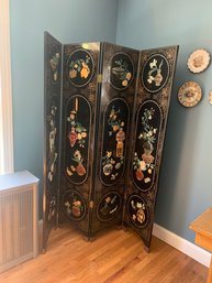 Vintage Asian (4) Panel Screen With Ornate 3-dimensional Soapstone Design