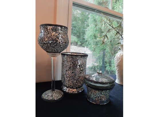 Glass Mosaic Candle Holders, Vase, Jar With Top - Silver Mirrored Style