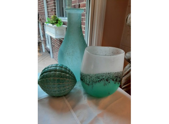 Puffer Fish Shaped Ceramic , Ocean Glass Vase, Blue Glass Vase With White Paint Splatter Design