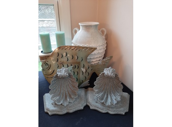 Set Of White Wood Candle Holders With Candles, Metal Fish Candle Holder, Ceramic Vase, Set Of Shell Sconces