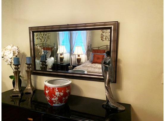 Brushed Silver Large Wall Mirror, Set Of Asian Table Lamps With Gold Accents
