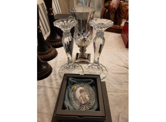 Waterford Crystal Picture Frame And Hurricane Candle Holder, Crystal Candle Sticks