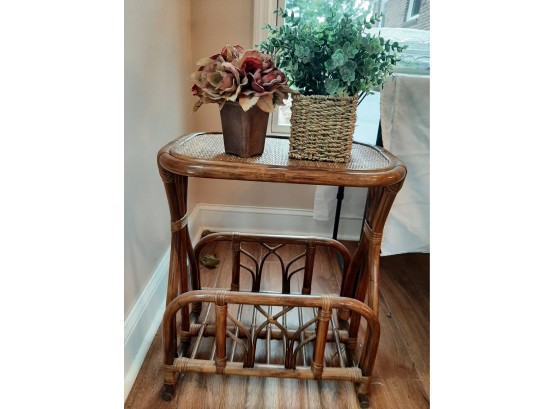 Rattan Table / Plant Stand Magazine Rack With (2) Faux Plants