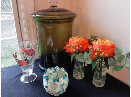 Green Glass Jar, Matching Glass Jugs With Faux Flowers, Mosaic Candle Votive