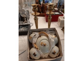Set Of Brass Candle Sticks, Gold & Cream Butterfly Ceramic Tea Set