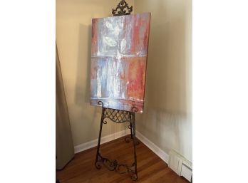 Metal Bronze Easel With Abstract Giclee Canvas Art & Large Wood / Iron Glass Console Table