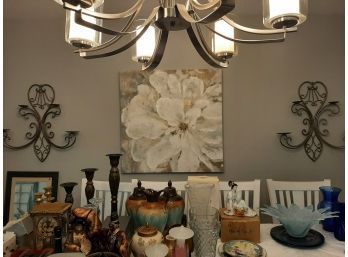 Large Flower Print On Canvas, Two Metal Candle Sconces