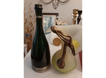 Irish Crystal Vase, Green Glass Wine Bottle, Contemporary White Milk Glass And Brass Vase