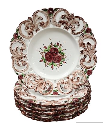 BF Vestal 13' Reticulated Plates With Roses Handmade In Portugal Set Of 6 - Locust Valley Pick Up