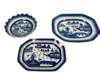 Blue Canton Antique Chinese Platters And Scalloped Dish