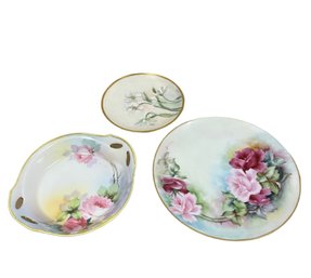 3 Decorative Hand Painted Floral Porcelain Dishes