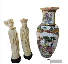 Mid 20th Century Faux Ivory Chinese Nobles With Famille Rose Vase