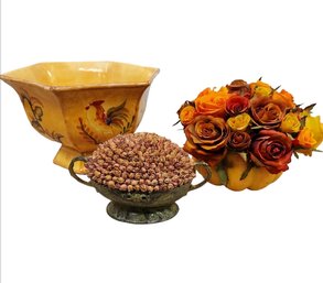 Maxcera Pottery Footed Bowl And 2 Faux Flower Arrangements MS