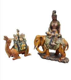 Tang Sancai Camel With Musicians And Elephant With Budda  Pottery Statues MS