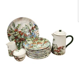 Le Houx Holly And Berry Dessert Set - 12 Dishes, Coffee, Milk, Sugar -  Faiencerie De Gien France Porcelain BF