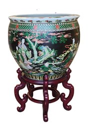 Mid-Century Chinese Porcelain Famille Noir Fish Bowl On Wood Stand