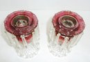 Vint. Ruby Etched Hurricane Lamps, PAIR