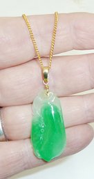 14K Jade Carved Pendant, Chain Necklace
