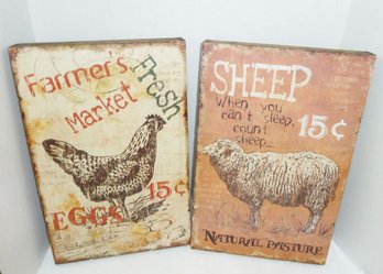 2 Country Style Wood Signs, Chicken, Sheep