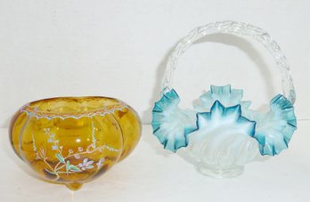 Vint Enamel Painted Bowl, Art Glass PAIR