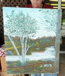 Oil On Canvas Birch Tree Paintingq
