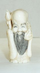 Vintage Carved Asian Man Horn, Tusk 3' Scrimshaw Figure