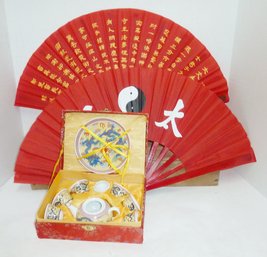 Chinese Tea Set, 2 Fans