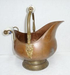Vint. Copper Coal Bucket Porcelain Handle
