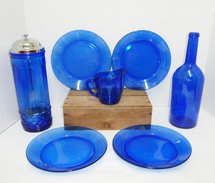 Cobalt Glass LOT, Plates, Straw Holder ETC
