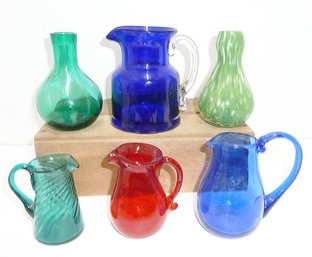 Vint. Colored Glass Pitchers, Vases LOT