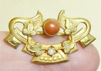 Vintage Coral Stone Pin, Art Nouveau