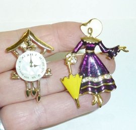 Vintage PAIR Clock & Lady Pins